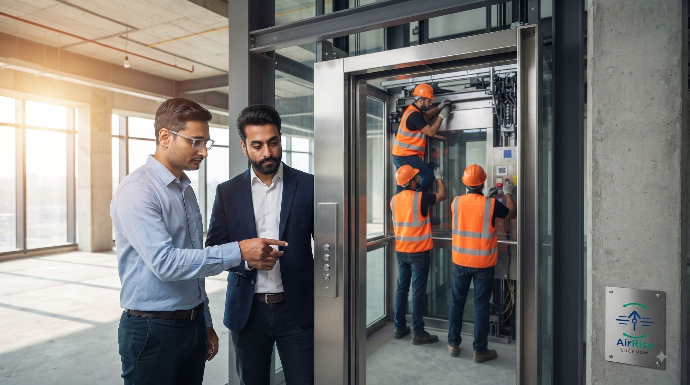 Professional engineers from AirRise Solutions LLP installing a commercial passenger lift system.